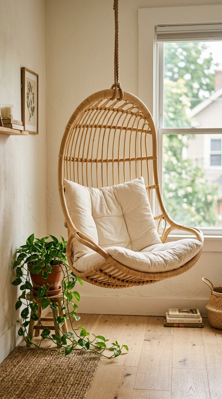 003 A natural rattan hanging swing chair with a deep c