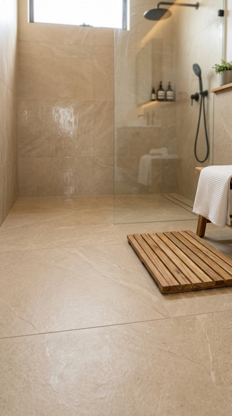 003 A small bathroom floor covered in large format war