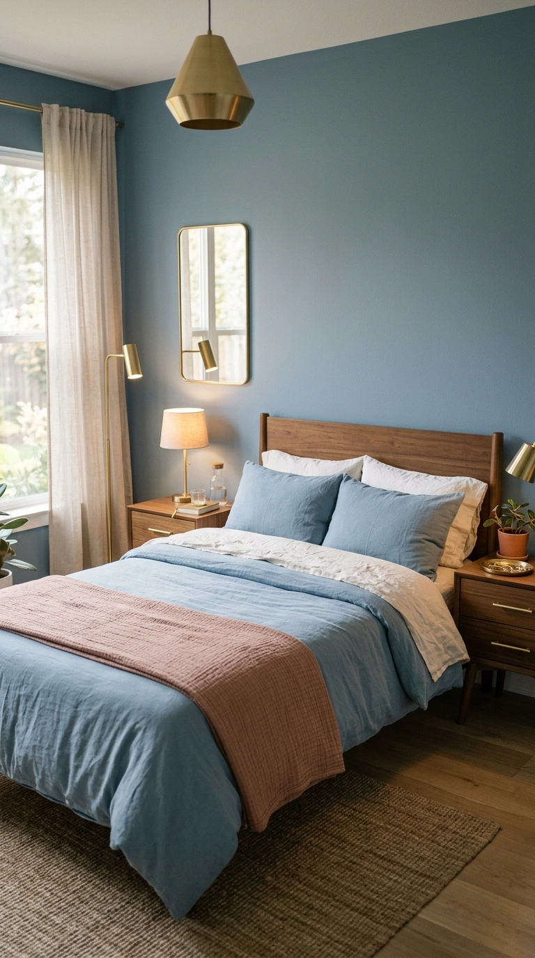 003 A soft bedroom with dusty blue walls and warm bras