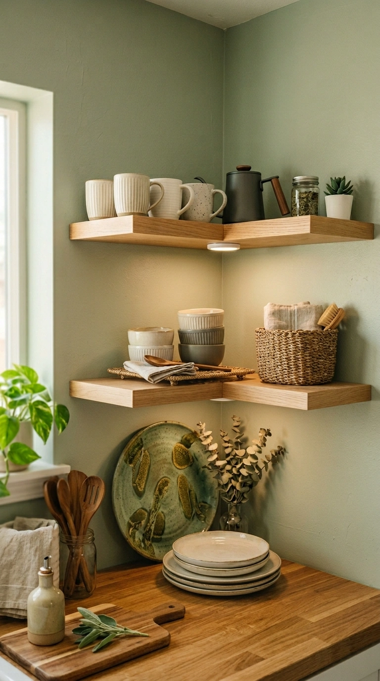 003 An L shaped pair of floating oak shelves wrapping