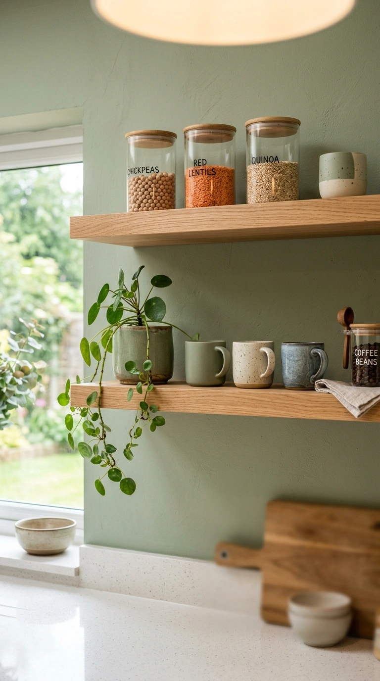 003 Two staggered floating wood shelves above a kitche