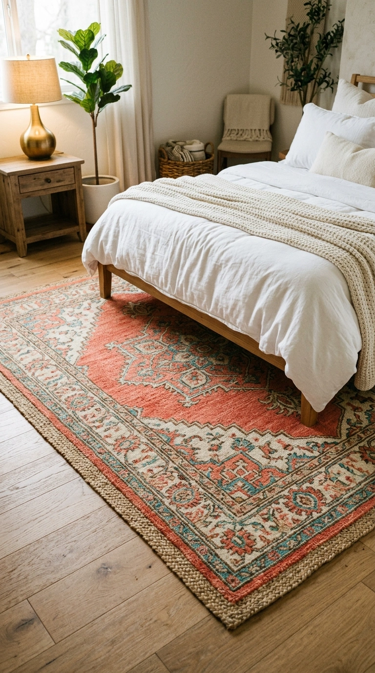 004 A bedroom floor anchored by a coral patterned area