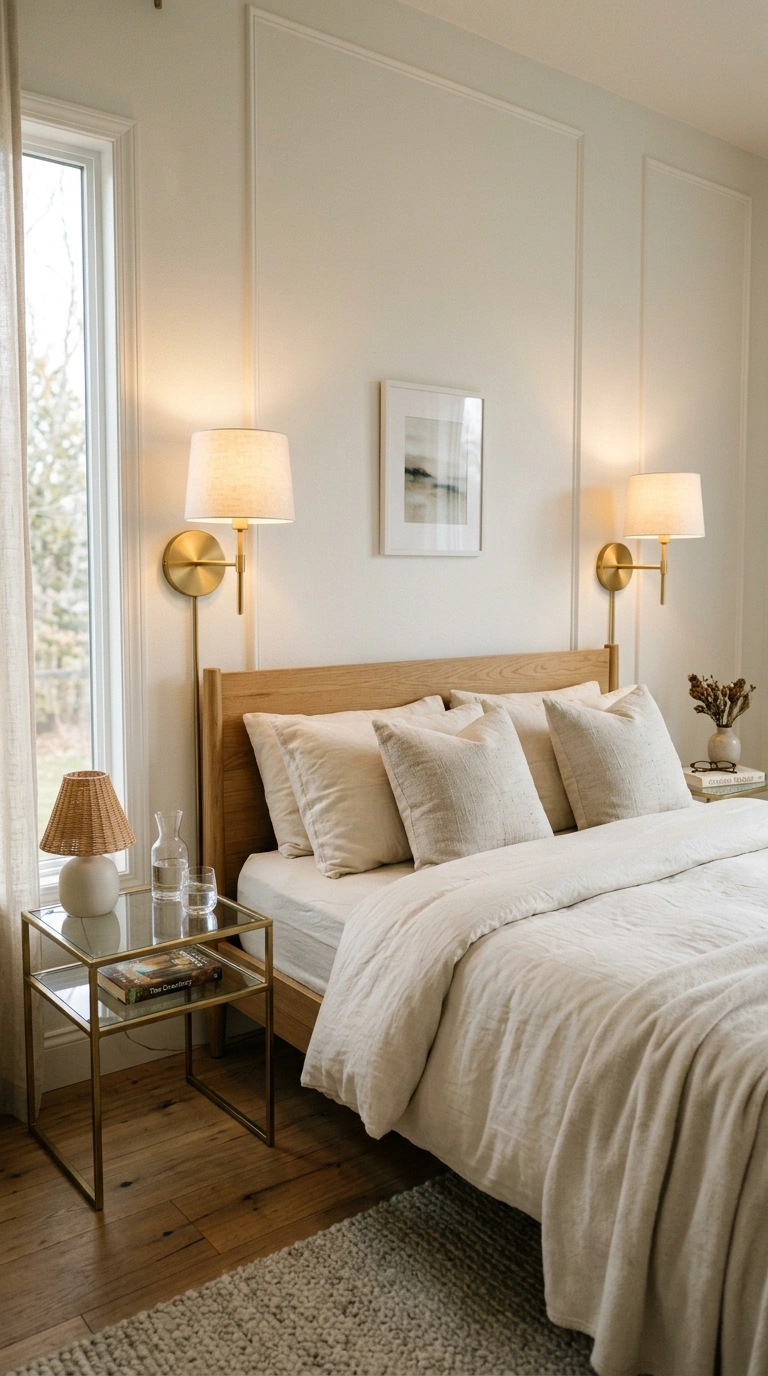 004 A bedroom with two wall sconces in warm brass besi