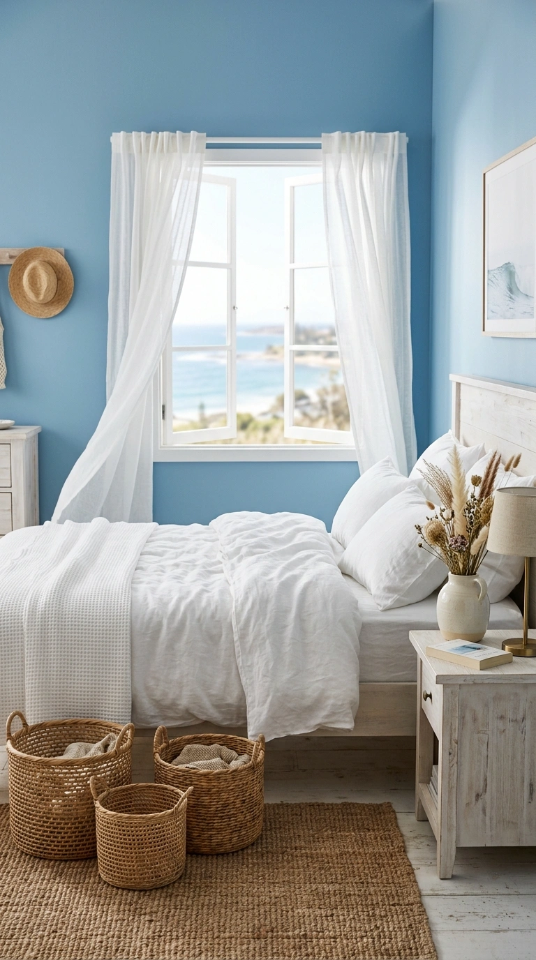 004 A breezy coastal bedroom with sky blue walls and c