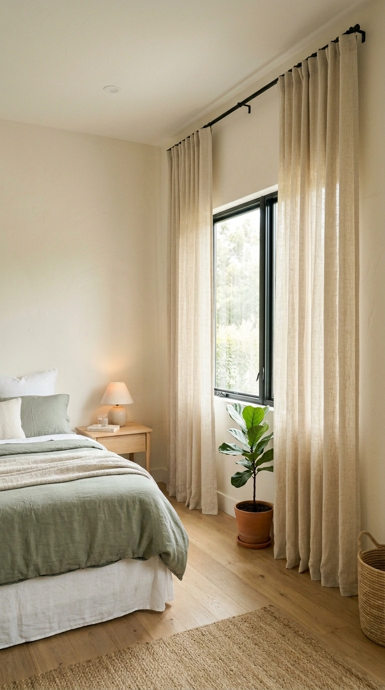 004 A bright bedroom where flax linen curtains hang fr