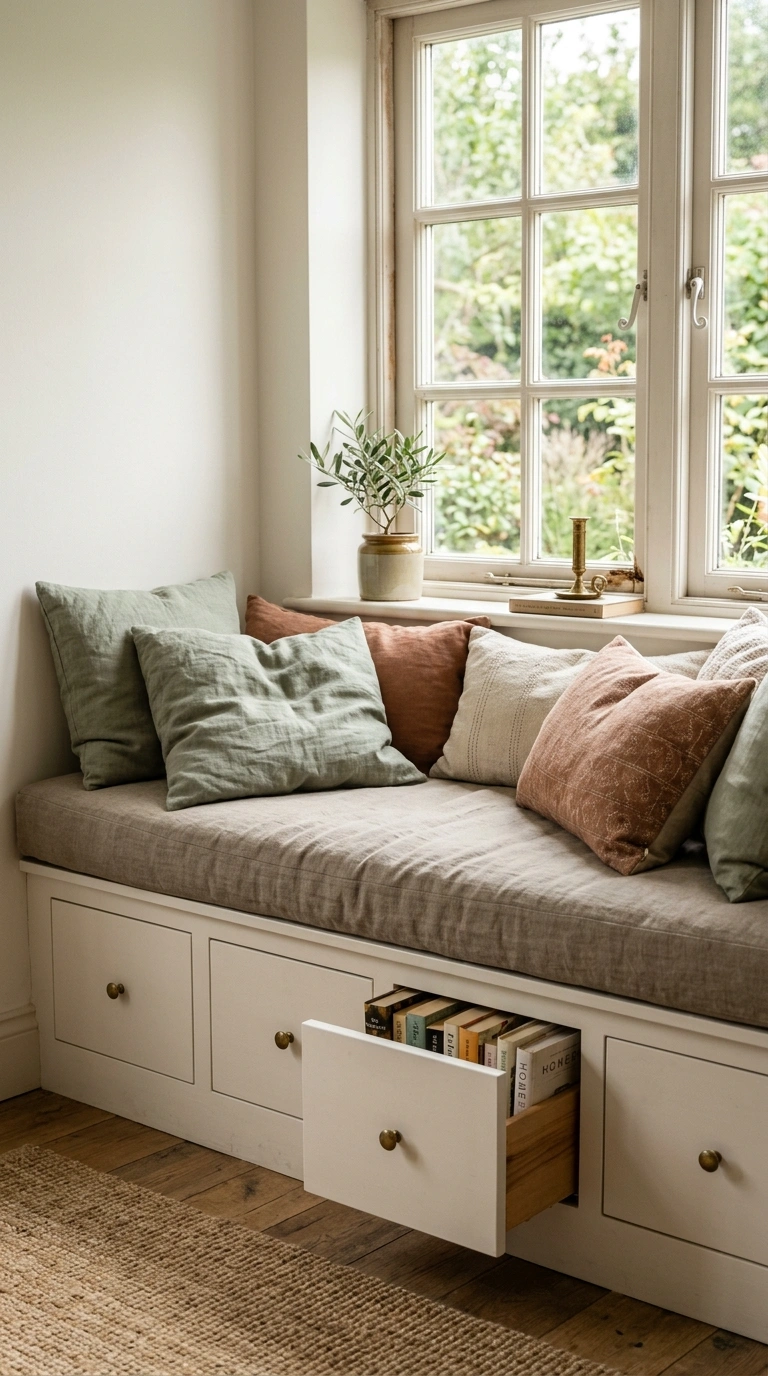 004 A built in window seat with a warm greige linen cu