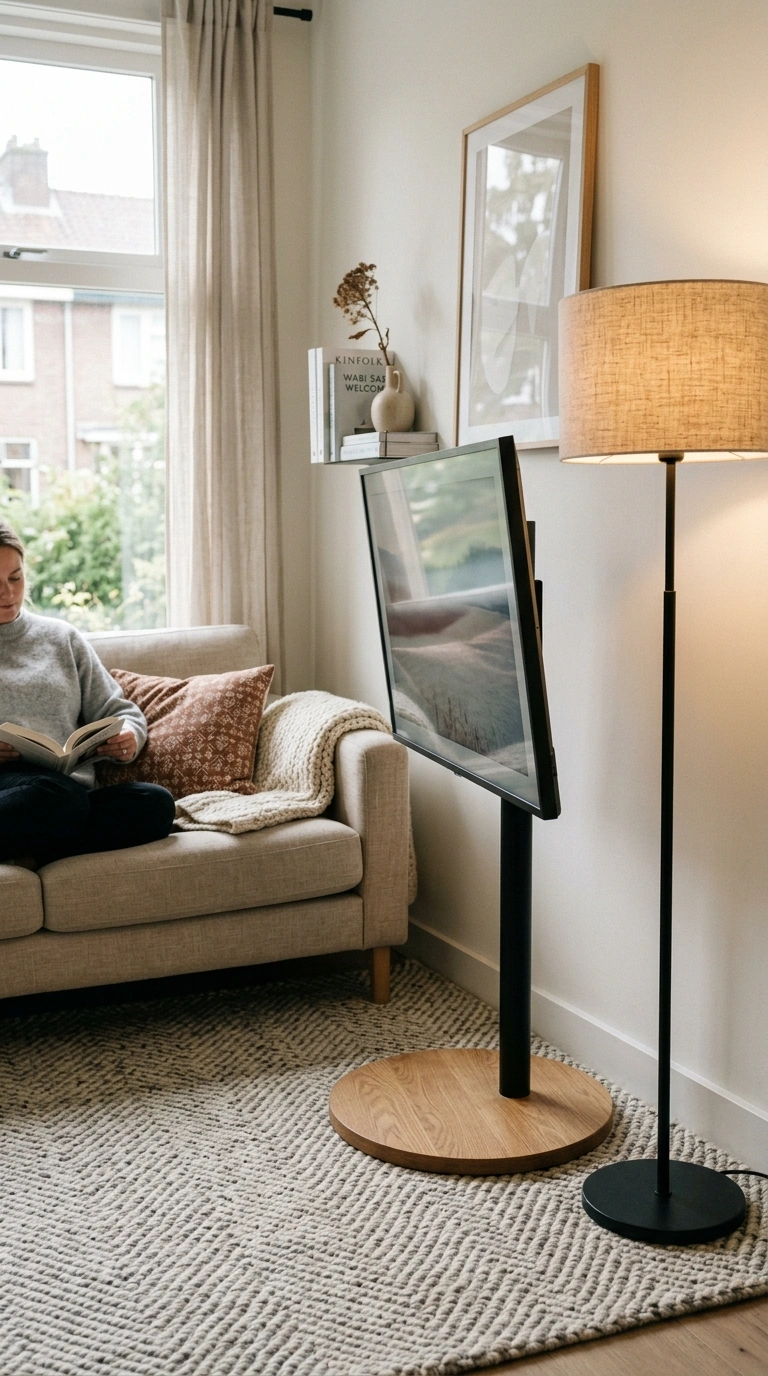 004 A compact living room corner with a swivel TV stan