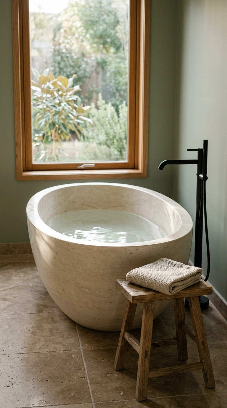 004 A freestanding honed stone oval soaking tub placed