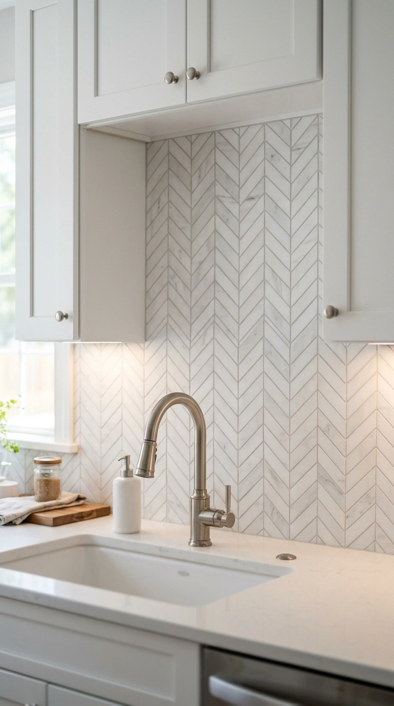 004 A herringbone marble mosaic backsplash in honed wh