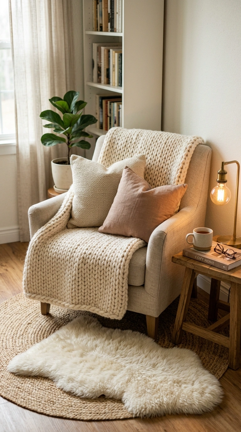 004 A reading chair layered with a chunky cream knit t