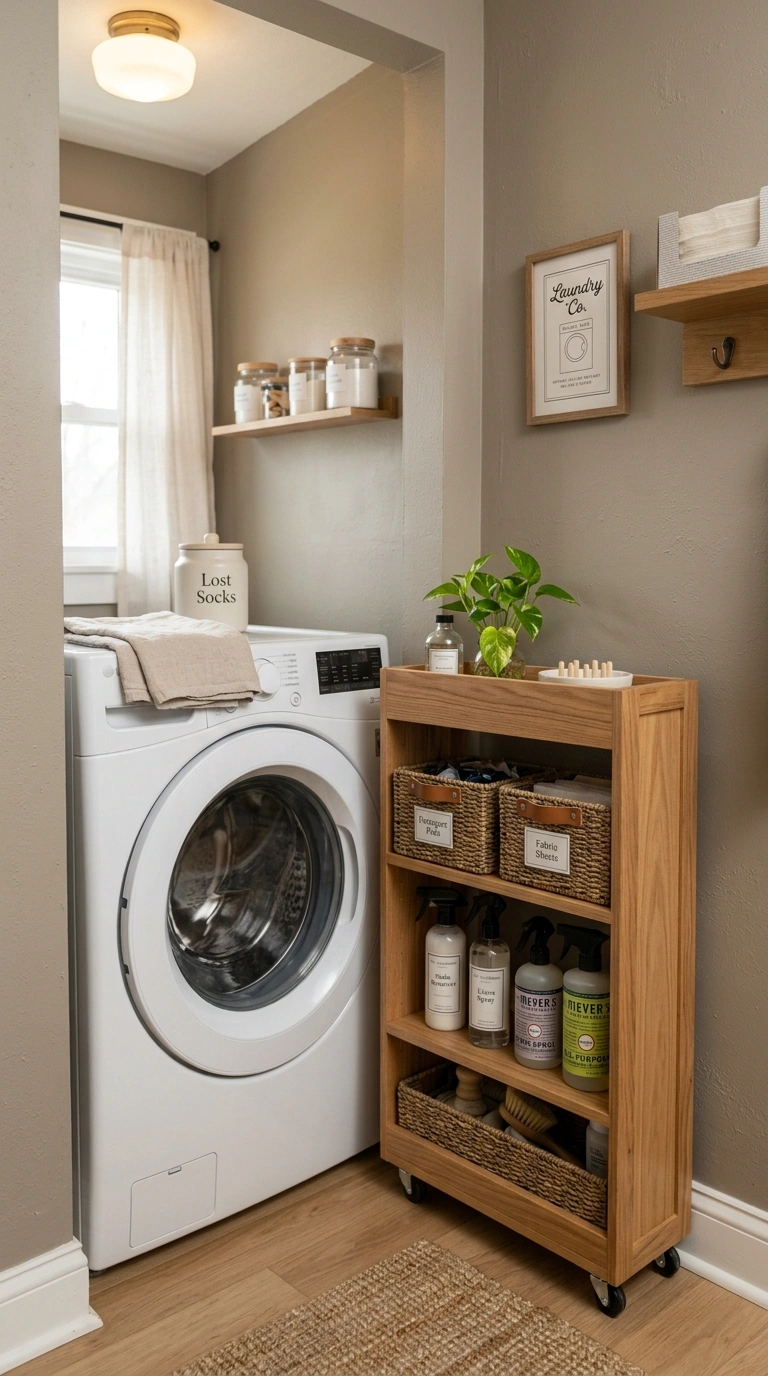 004 A tight laundry nook with a slim natural wood roll