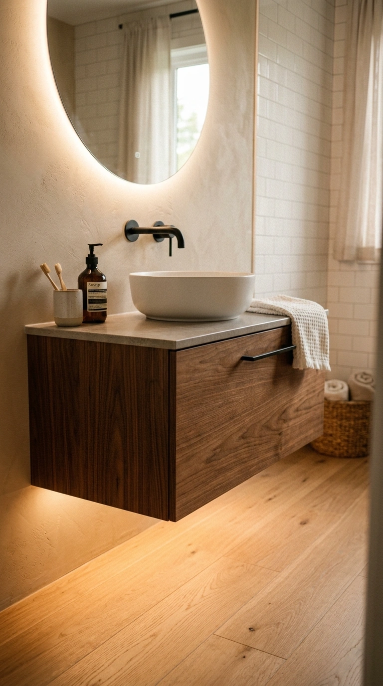 004 A wall mounted floating walnut vanity in a small b