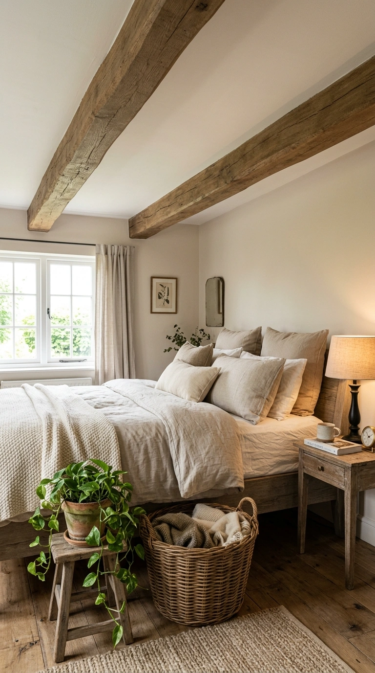 004 A warm bedroom with two faux aged oak beams runnin