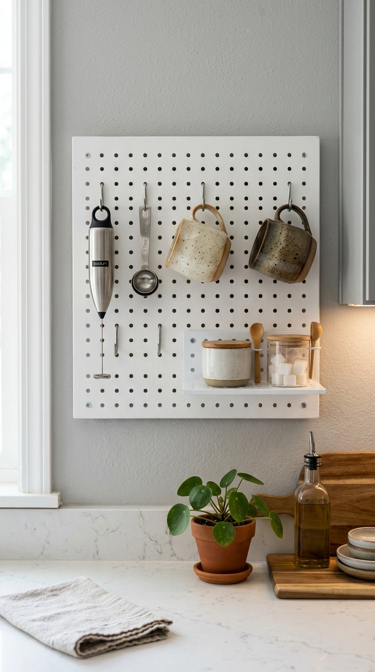 004 A white pegboard mounted above a kitchen counter f