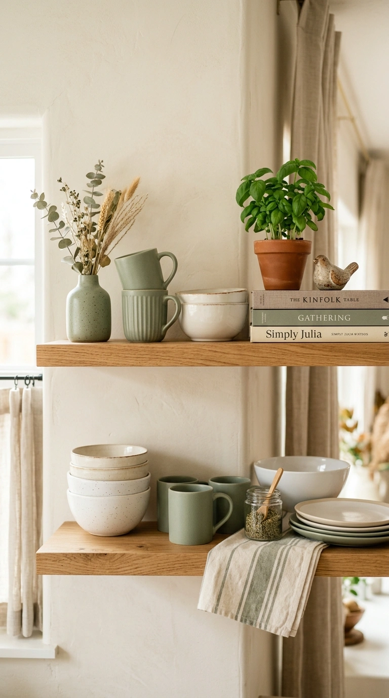 004 Natural wood open shelves styled with sage toned c