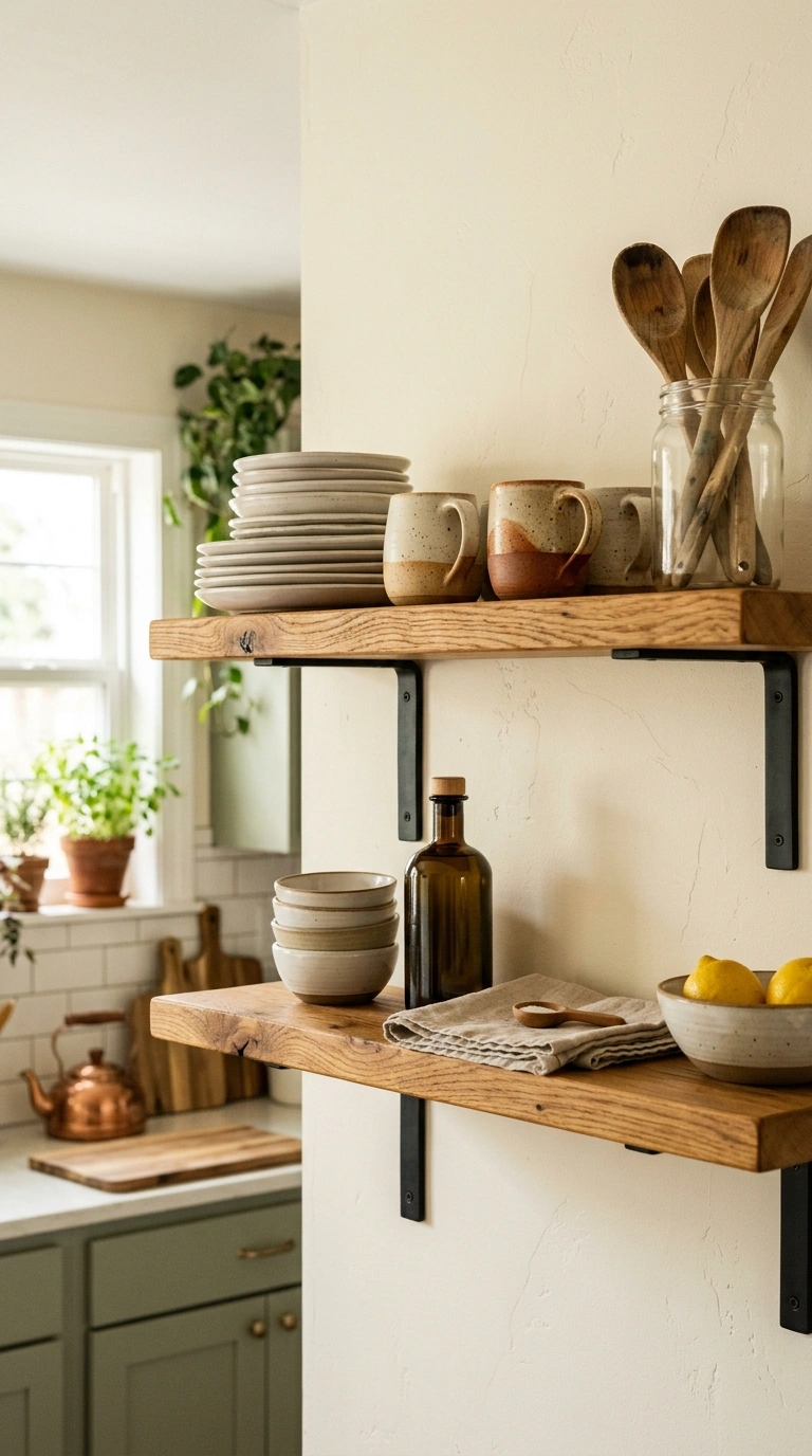 004 Two reclaimed oak floating shelves on a white kitc