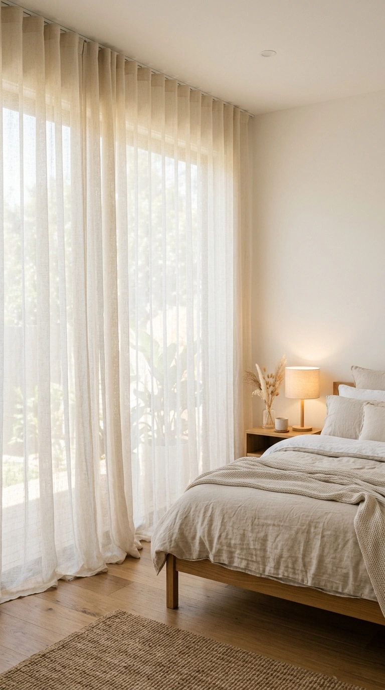 005 A bright airy bedroom with floor to ceiling sheer