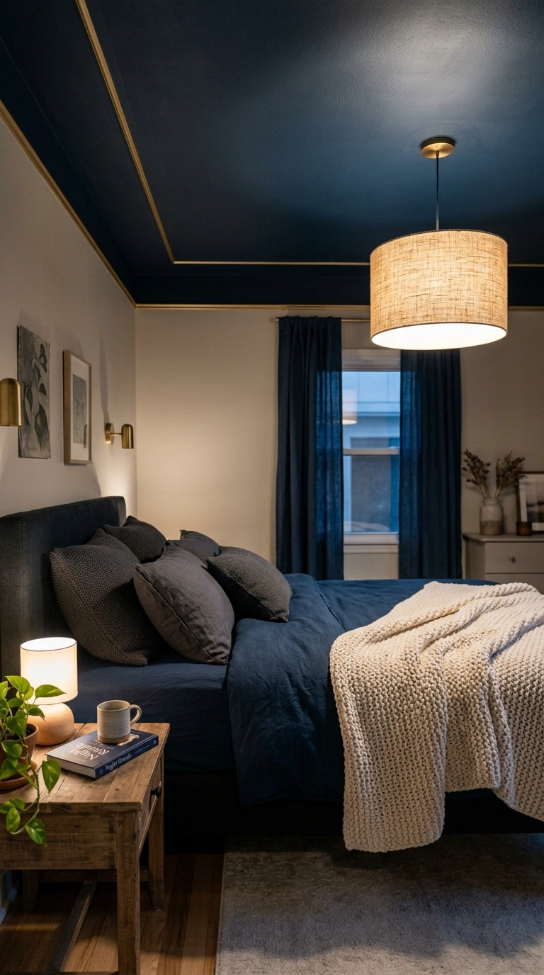 005 A cozy bedroom with a midnight blue painted ceilin