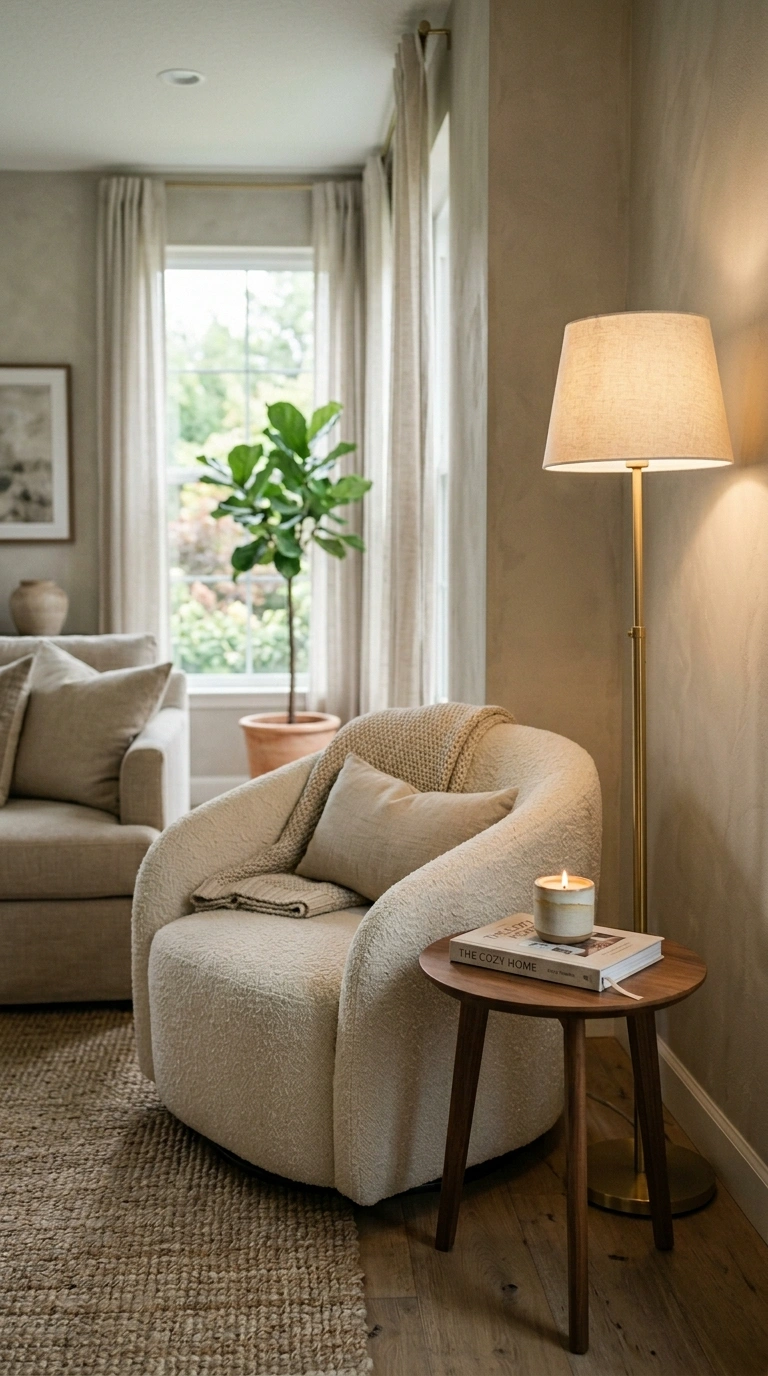 005 A curved cream boucle accent chair angled toward a
