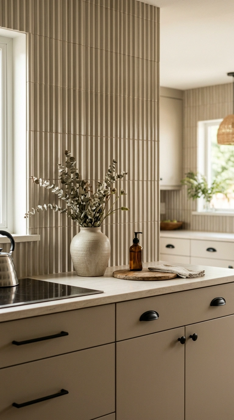 005 A fluted ribbed tile backsplash in warm greige wit