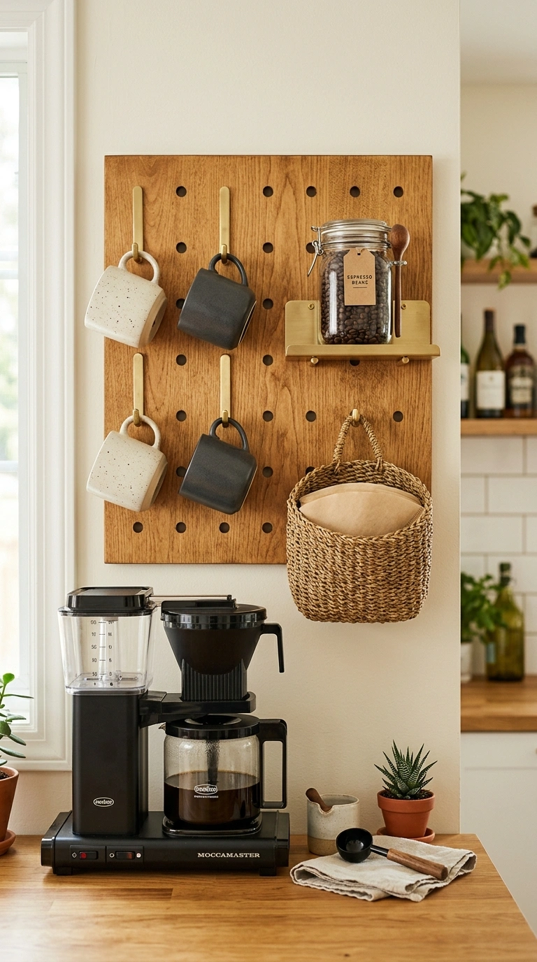 005 A honey stained wooden pegboard mounted above a co