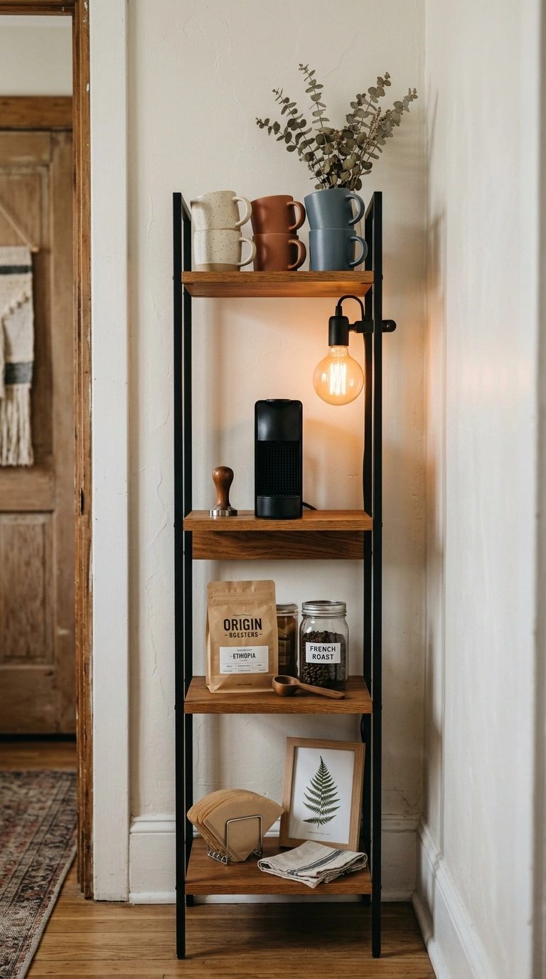005 A narrow four tier vertical tower shelf about twel