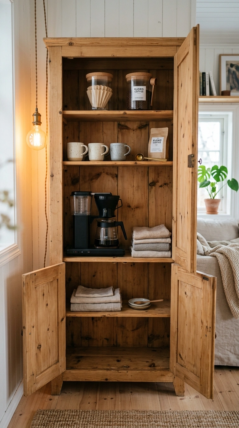 005 A raw pine cabinet with open doors revealing a tuc