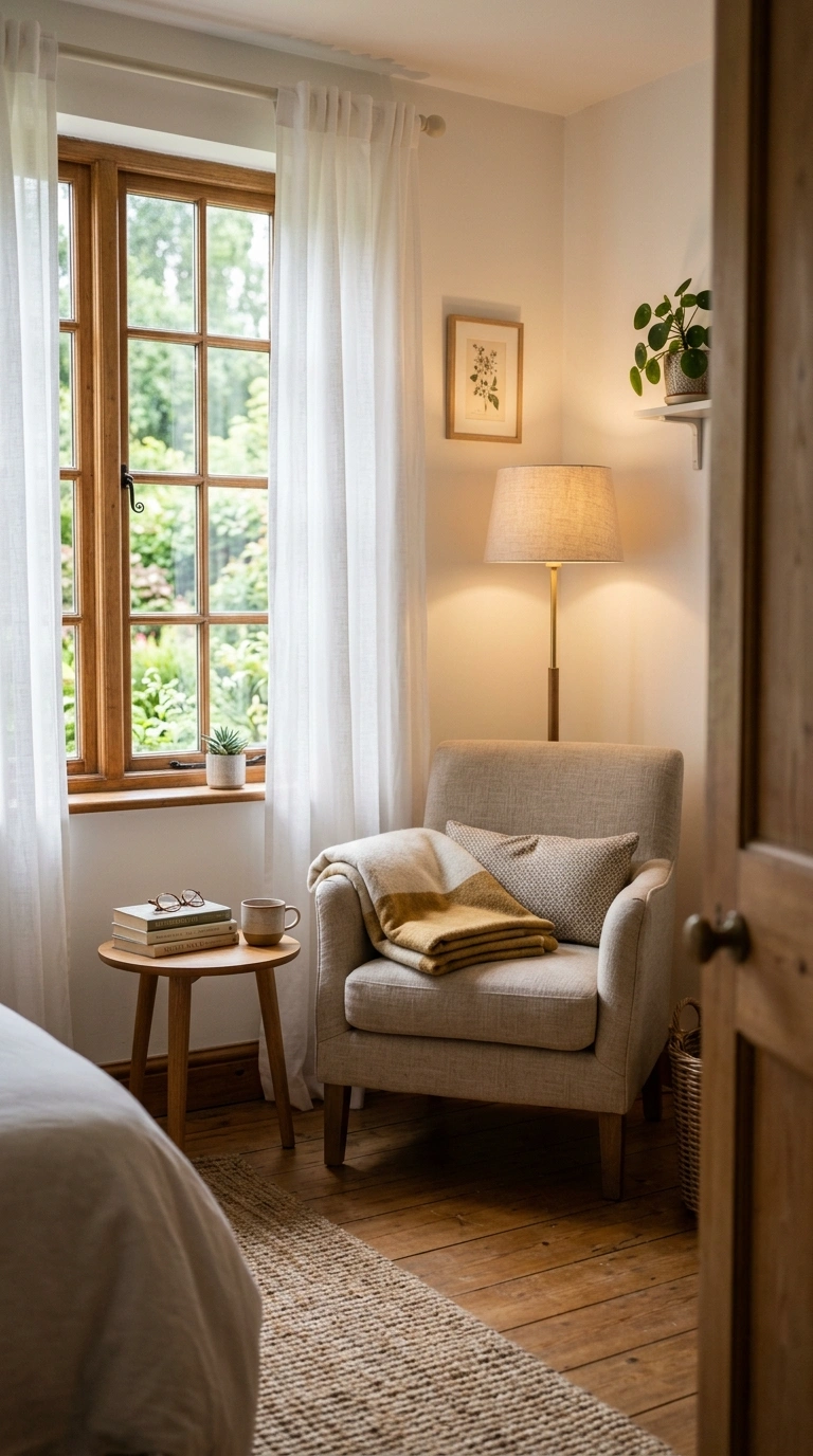 005 A reading chair tucked into a quiet bedroom corner
