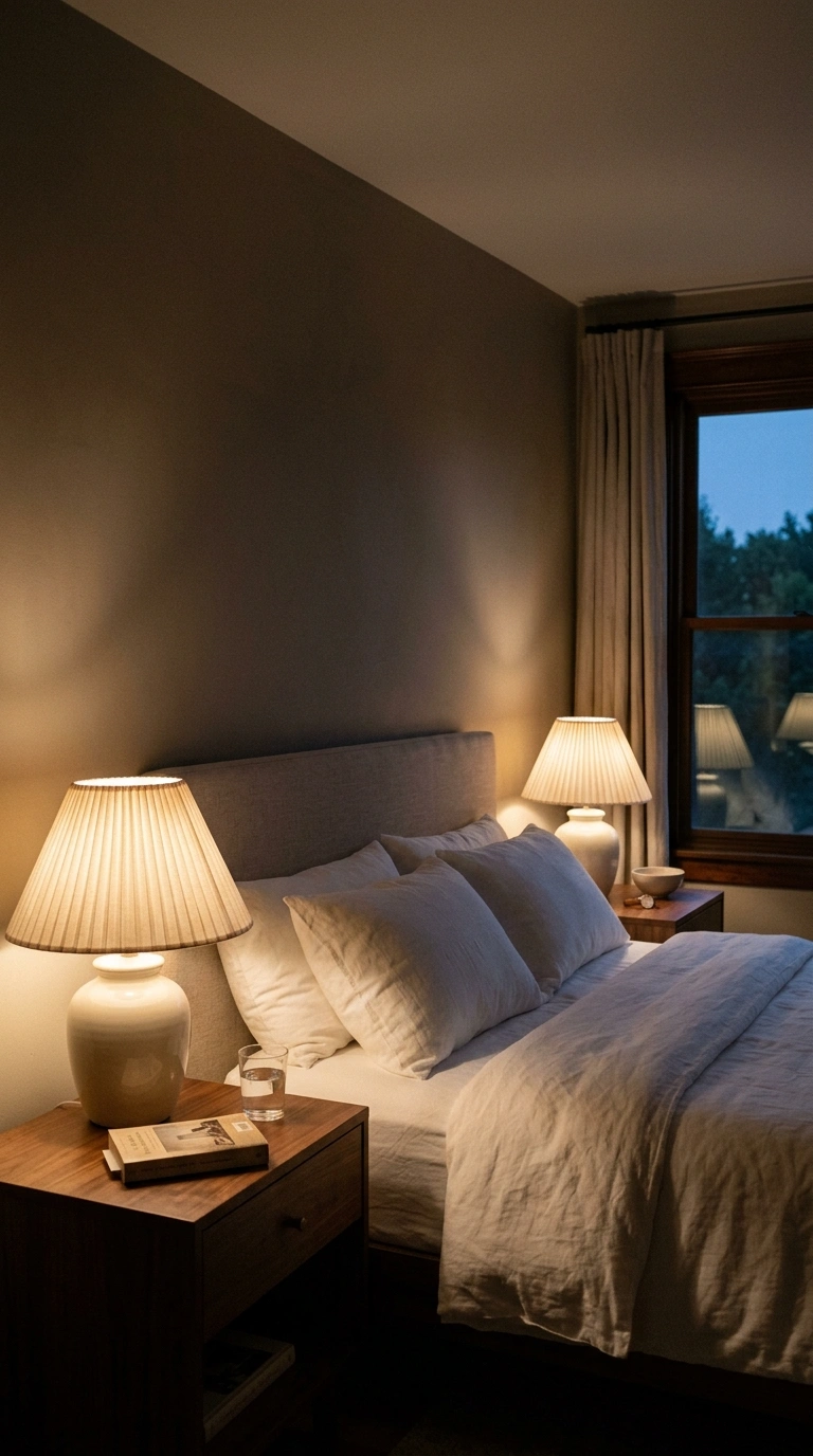 005 A restful bedroom at evening lit only by two match