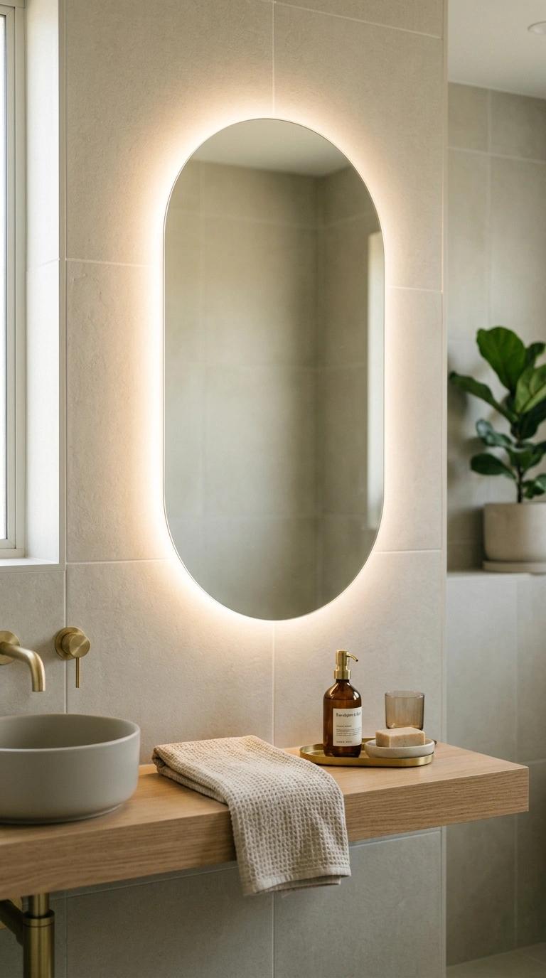 005 A small bathroom wall with a frameless rounded pil