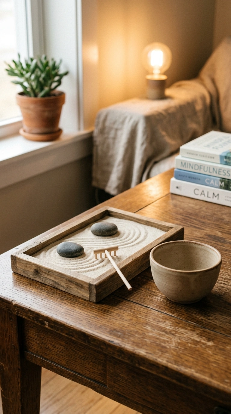 005 A small tabletop zen garden tray on a coffee table