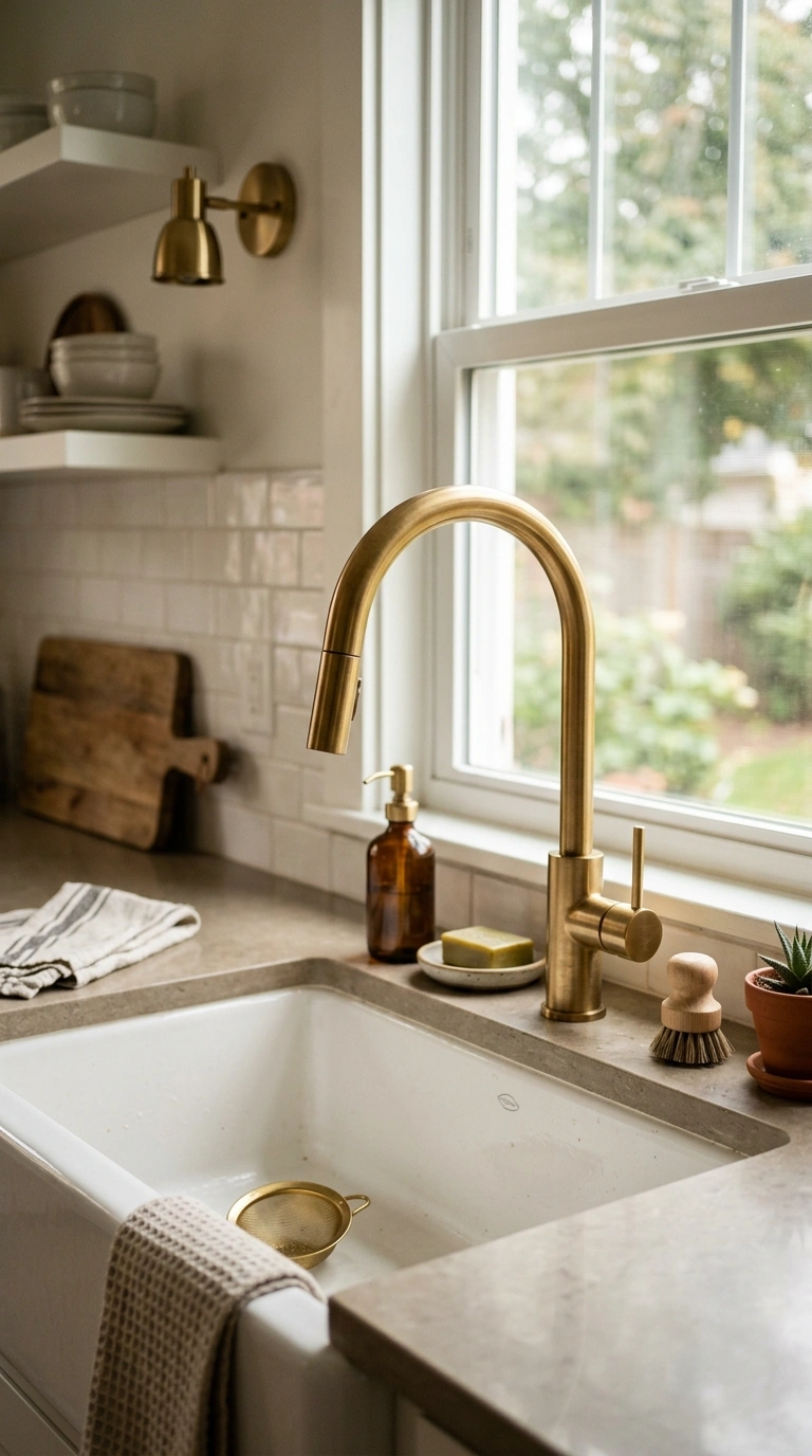 005 A tall arched gooseneck faucet in brushed brass ri