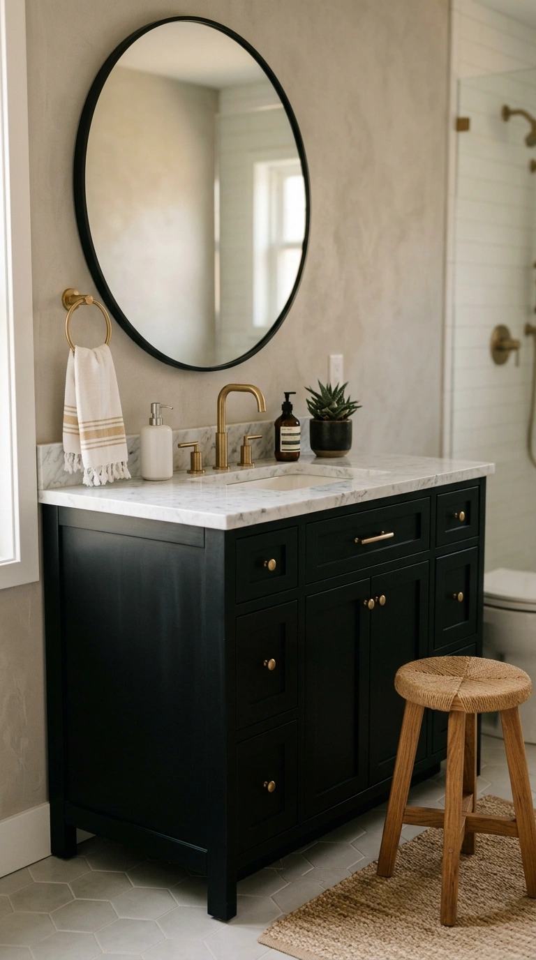 006 A bathroom vanity with a deep black cabinet base a