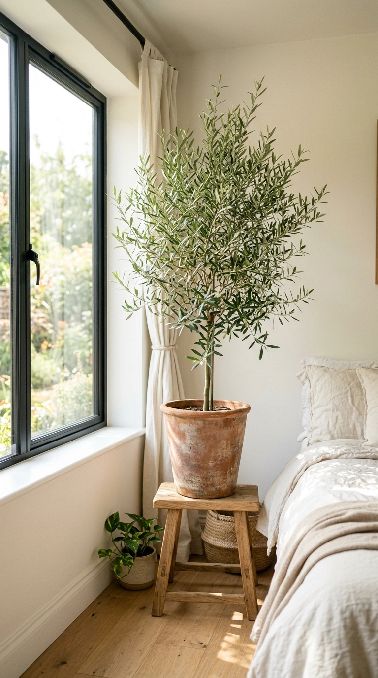 006 A bedroom corner brightened by a tall olive tree i