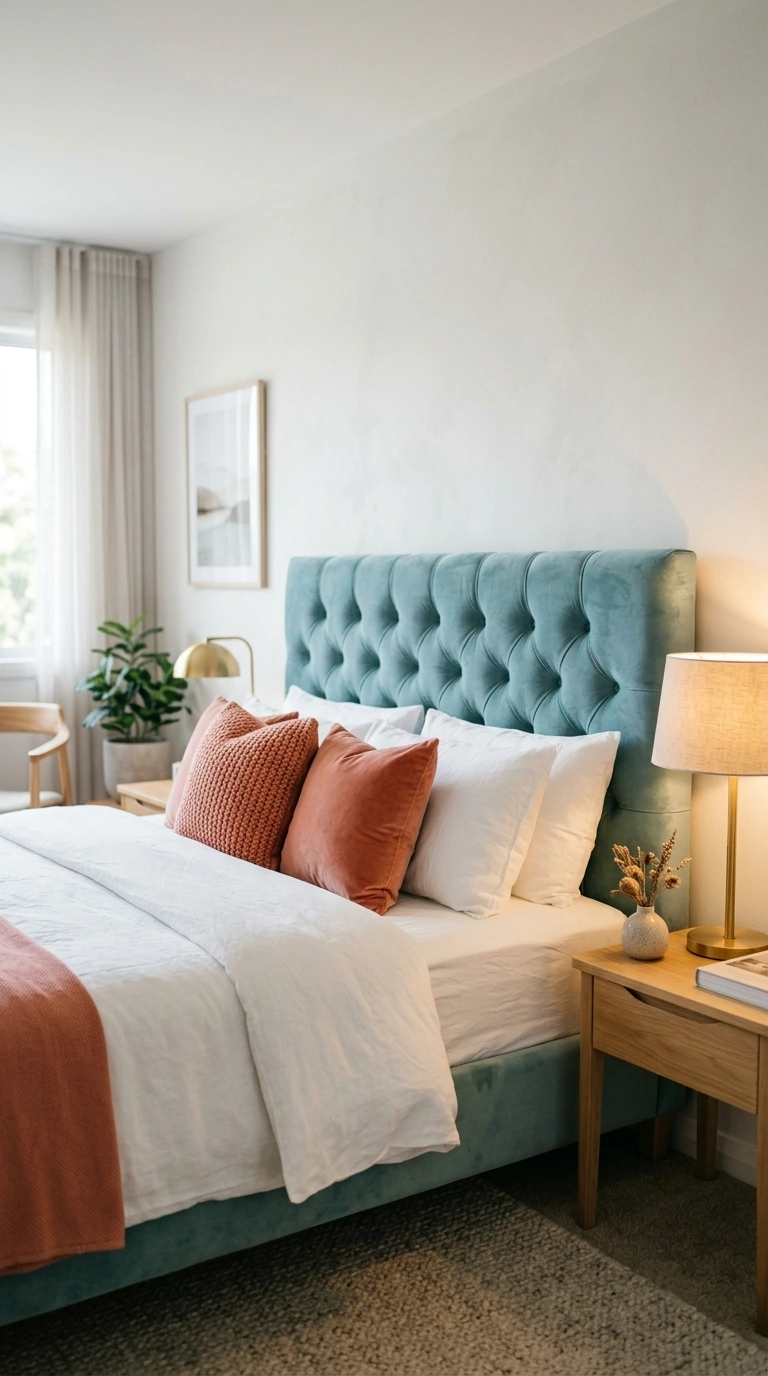 006 A bedroom with a muted turquoise tufted upholstere