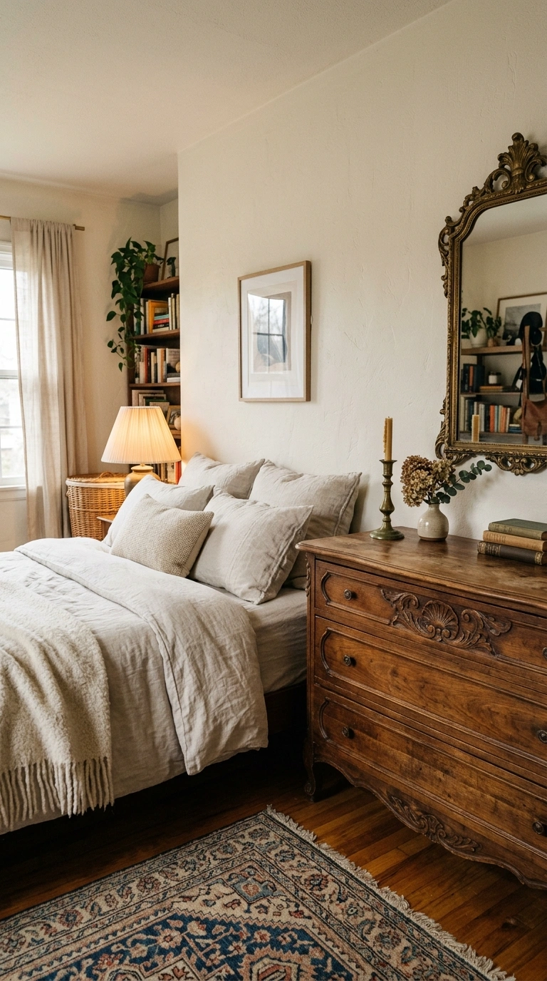 006 A characterful bedroom mixing a vintage carved war
