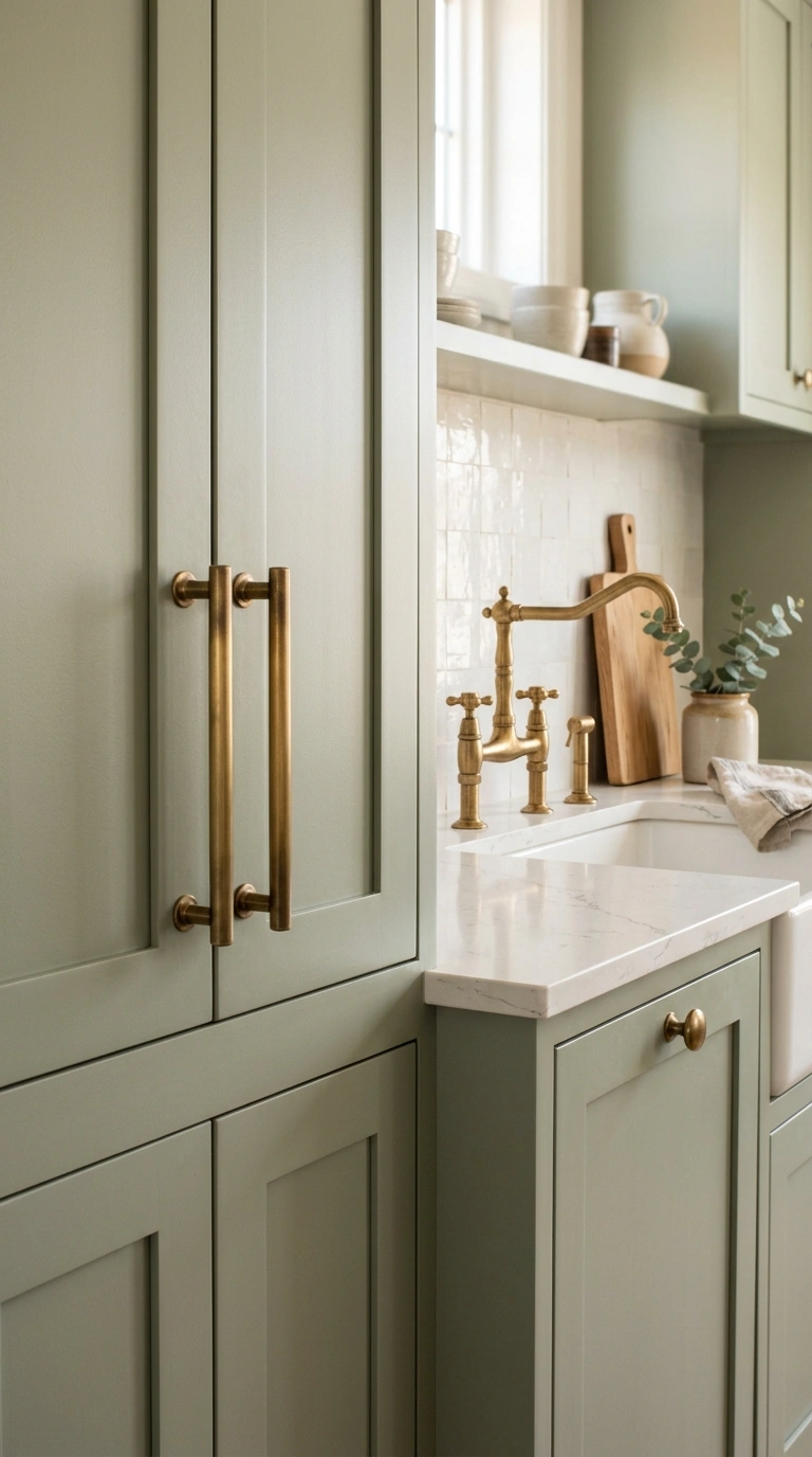 006 A close shot of soft sage green cabinets fitted wi