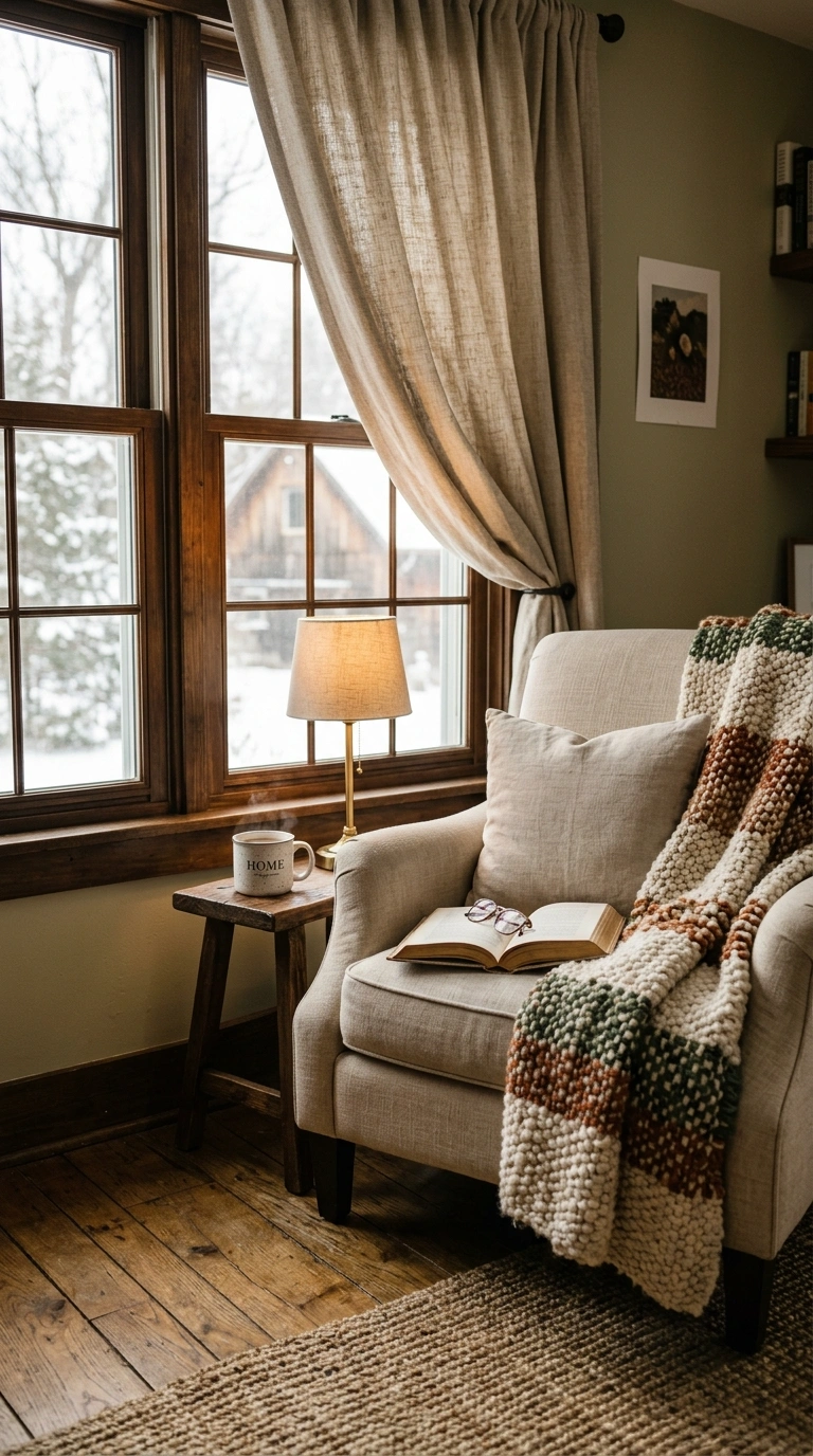 006 A cozy reading corner beside a window with a heavy