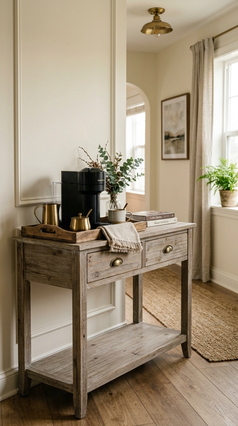 006 A light gray brown wood console table in a hallway