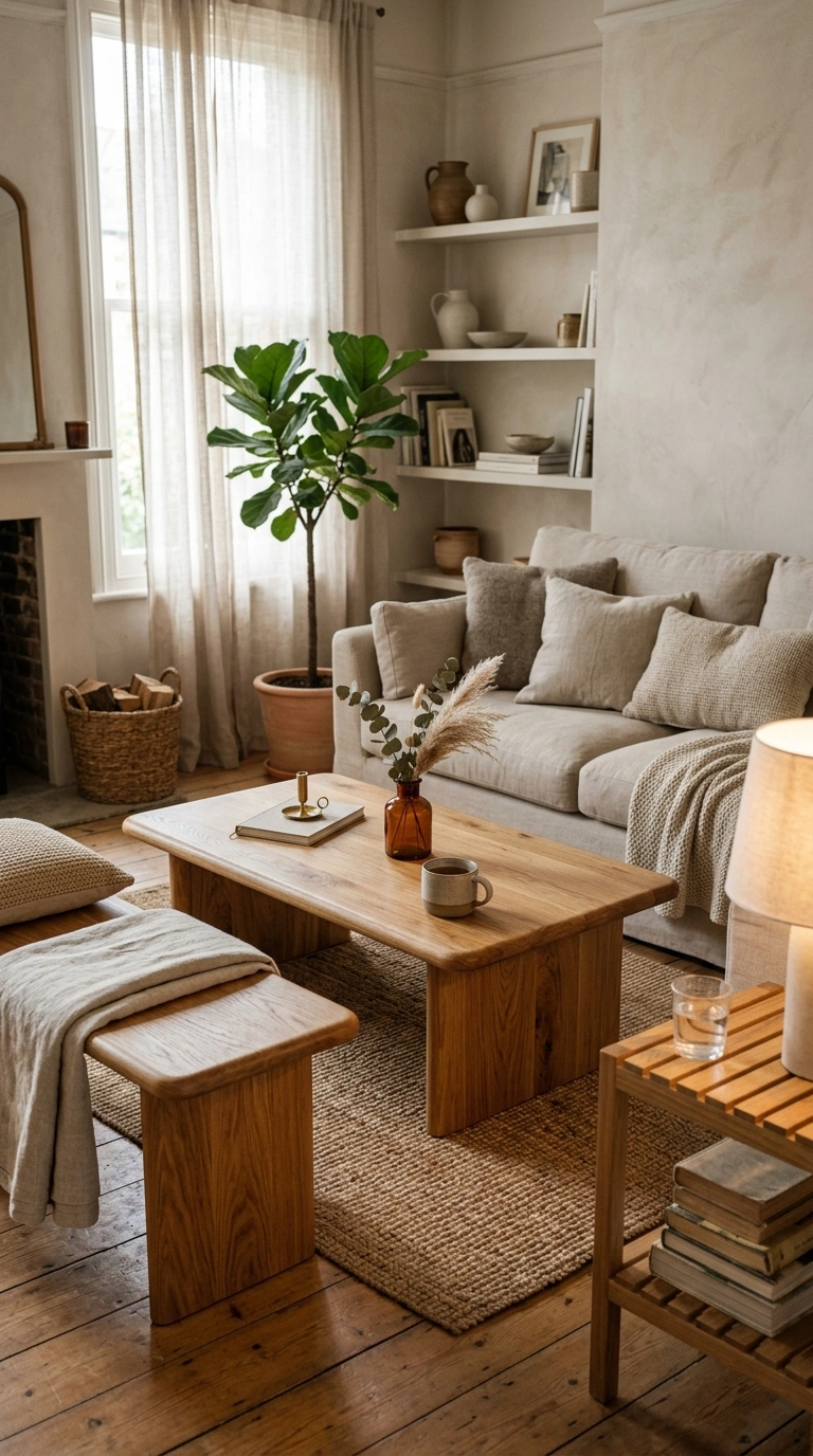 006 A living room anchored by a low solid oak coffee t