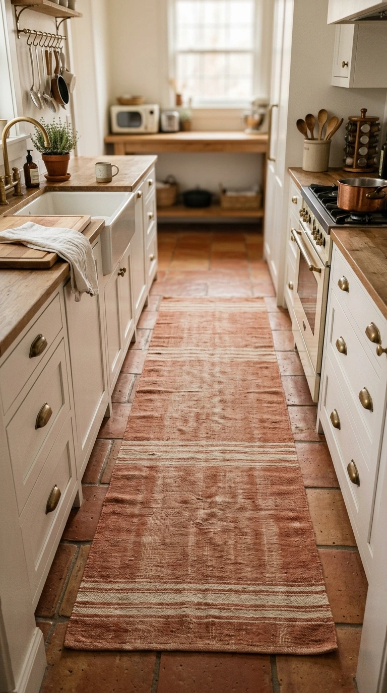 006 A long flat weave cotton runner in faded terracott