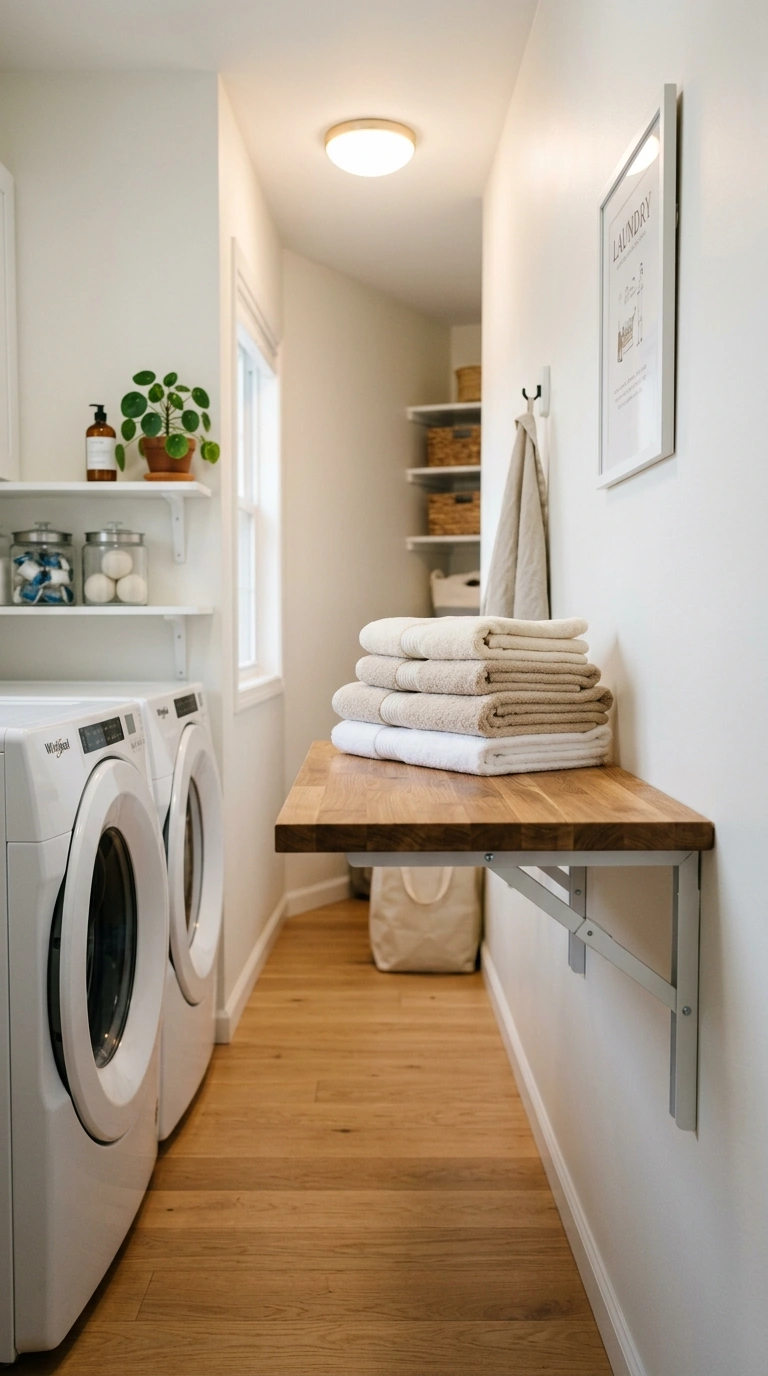006 A narrow laundry room with a wall mounted fold dow