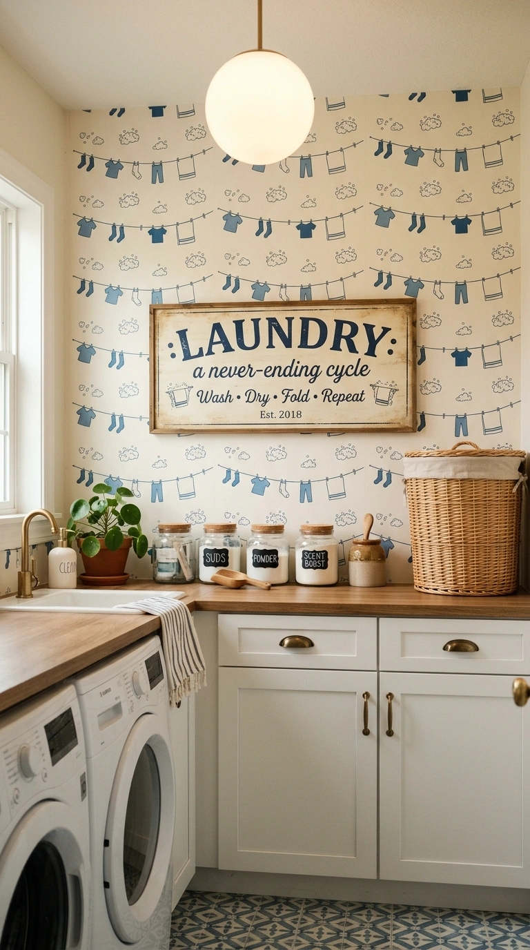 006 A playful laundry room with a two color wallpaper