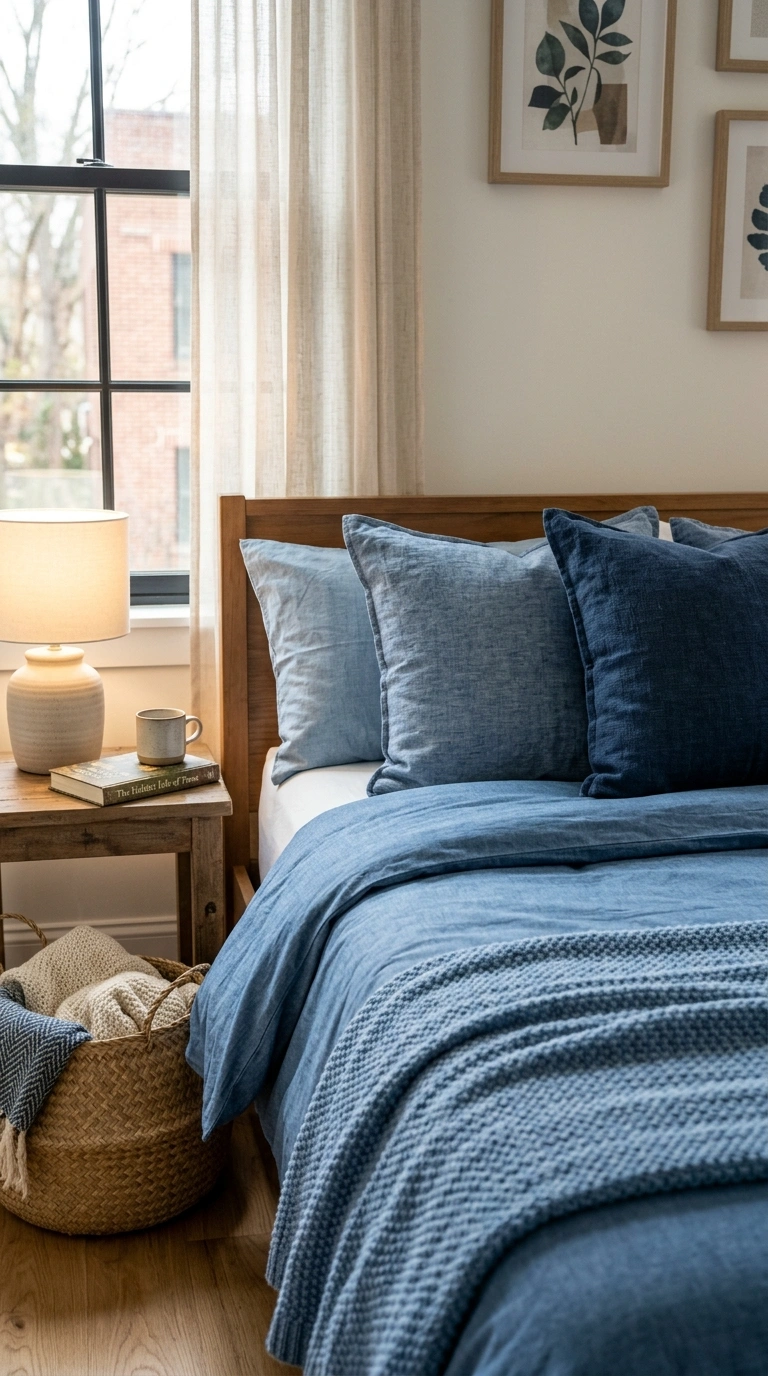 006 A relaxed bedroom with warm white walls and layere