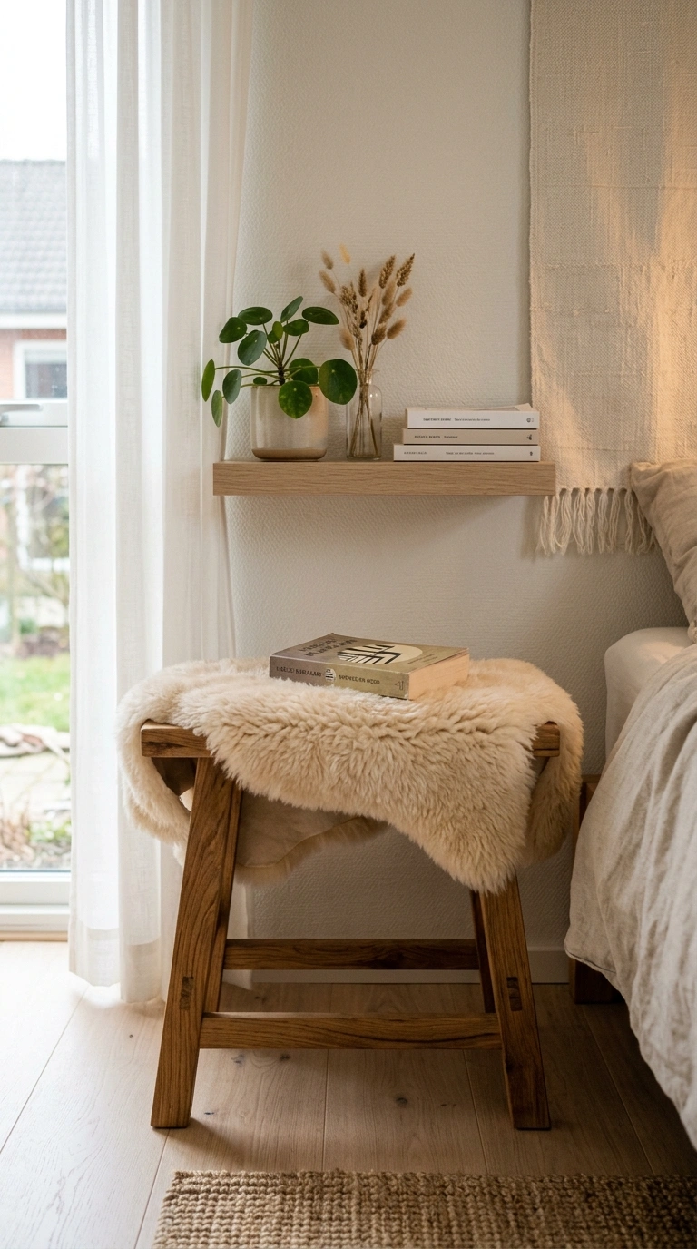 006 A simple warm oak stool draped with a pale cream s