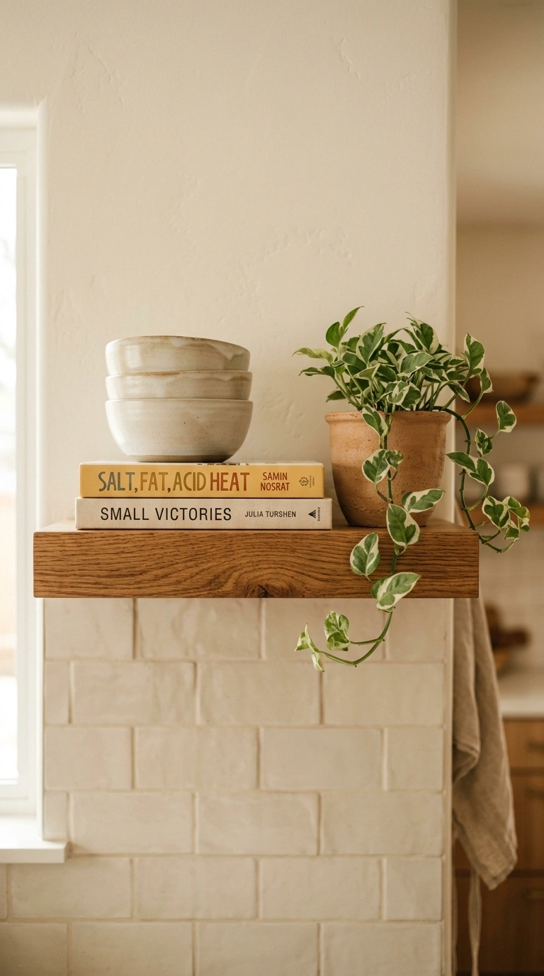 006 A single floating oak open shelf in a kitchen styl