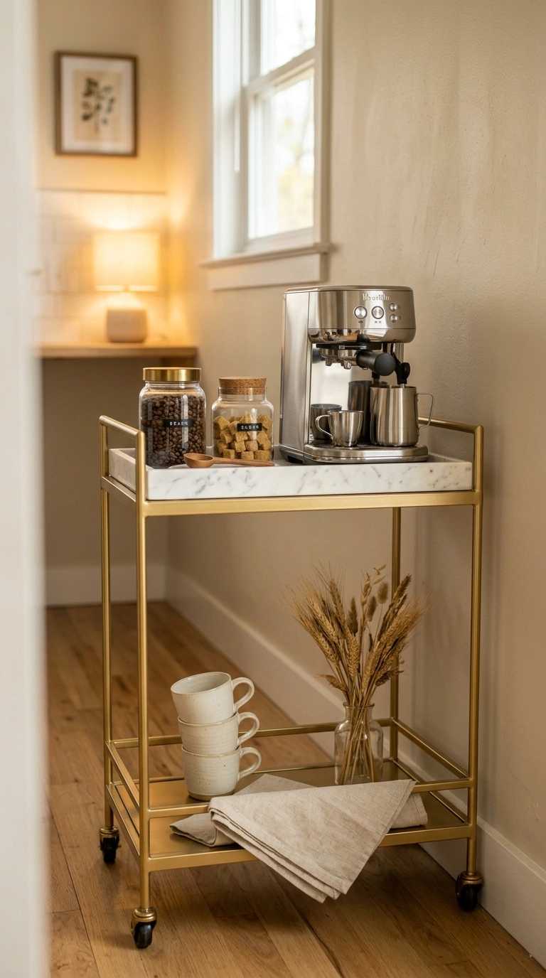 006 A slim gold bar cart styled as a coffee station in