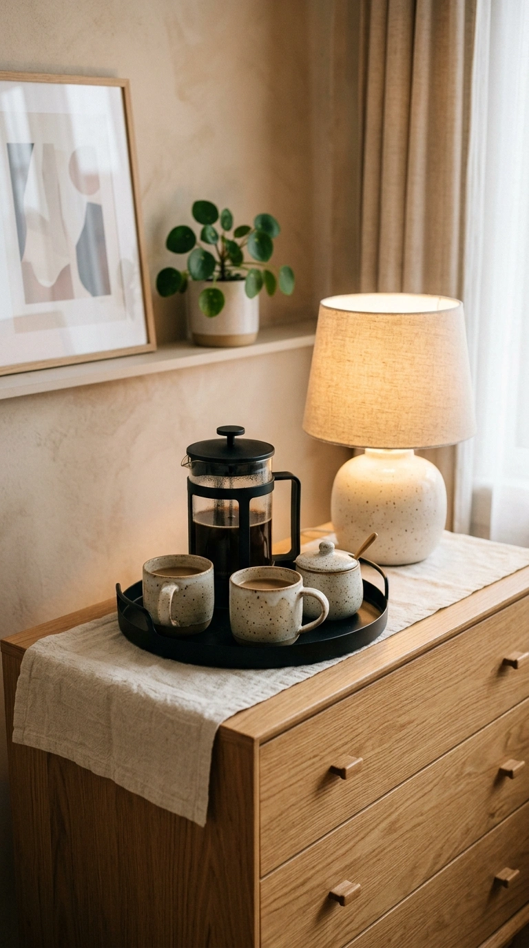 006 A slim natural wood dresser topped with a round ma
