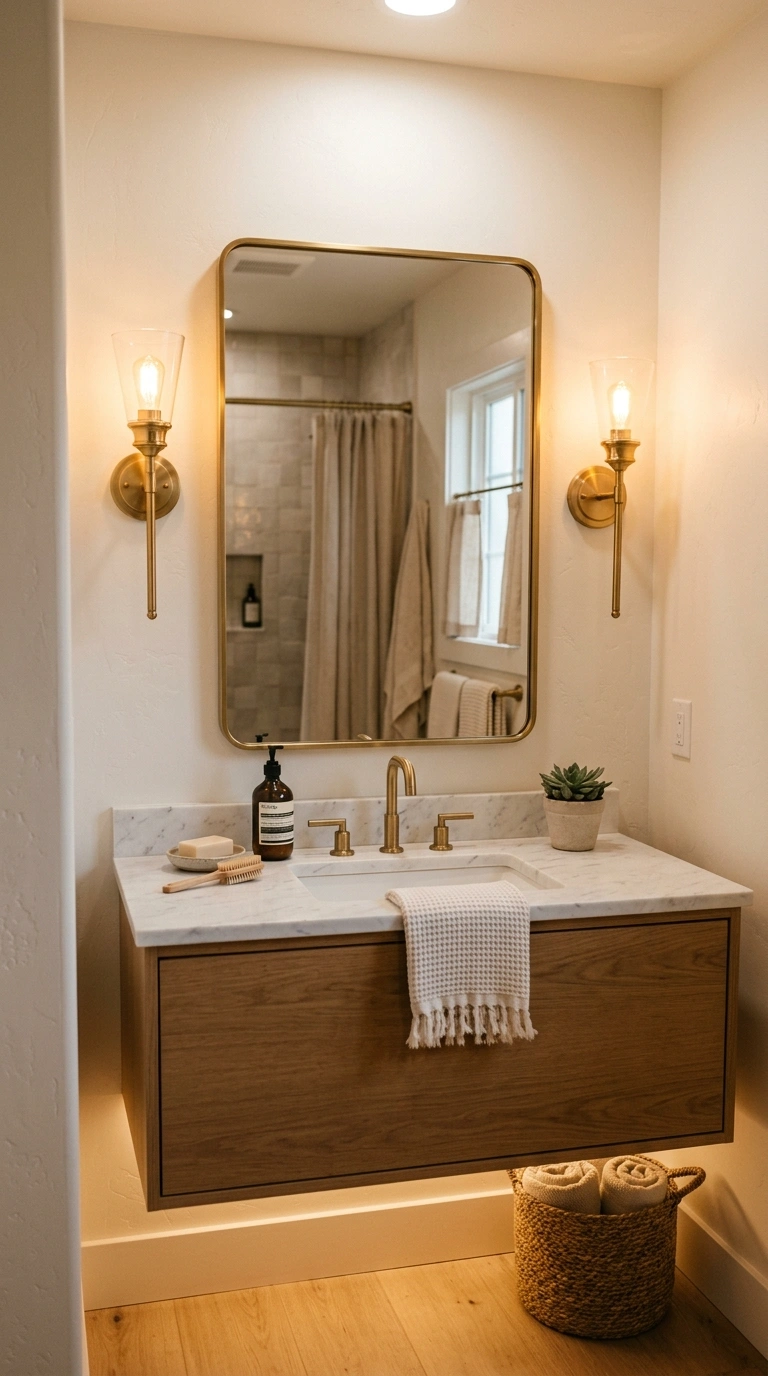 006 A small bathroom lit by three warm layers a soft c
