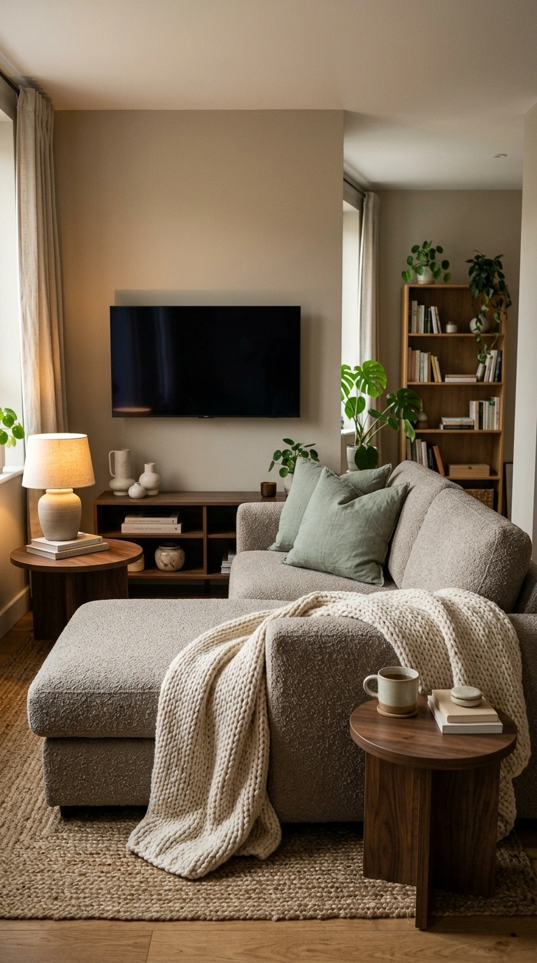 006 A snug living room with a compact sectional featur